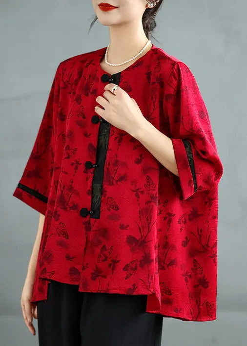 Red Oversized Print Silk Oriental Tops Summer