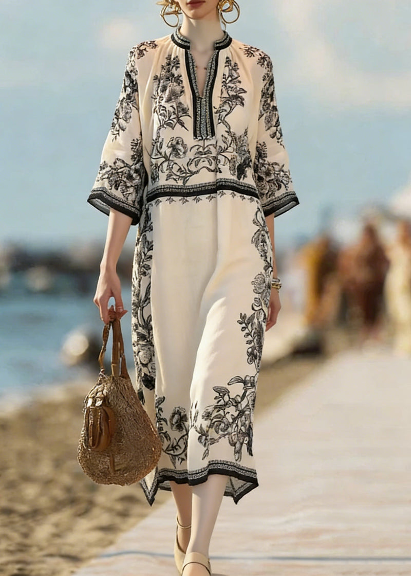 Beige Print Side Open Linen Dress Bracelet Sleeve