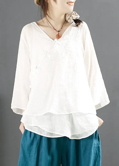 Purple V Neck Embroideried Chinese Button Linen Tops Summer