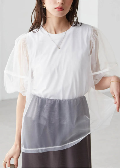 Classy Black Puff Sleeve Patchwork Tulle Tank Tops