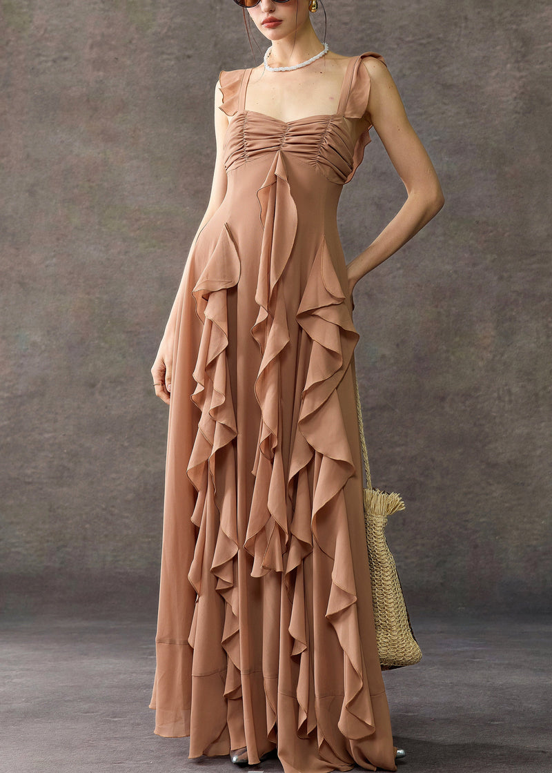 Coffee Square Collar Ruffled Cotton Long Dress Summer