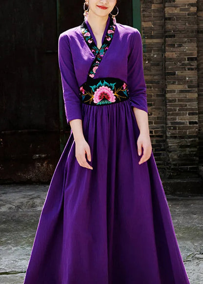 Purple V Neck Embroideried Zippered Wrinkled Maxi Dresses Fall