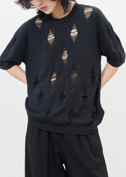 Black Hollow Out Hole Ice Silk Knit Top Half Sleeve