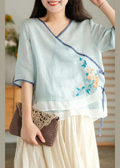 Style Yellow Embroideried Asymmetrical Design Ramie Summer Blouses