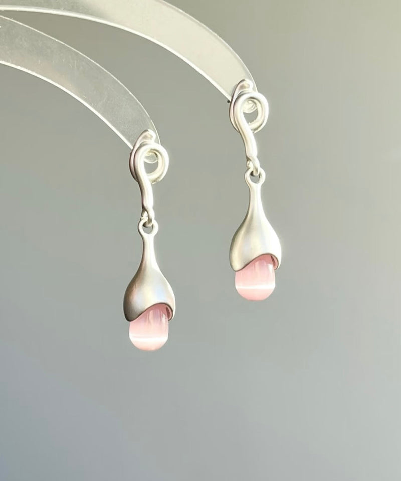 Pink Sterling Silver Cat Eye Stone Tassel Drop Earrings