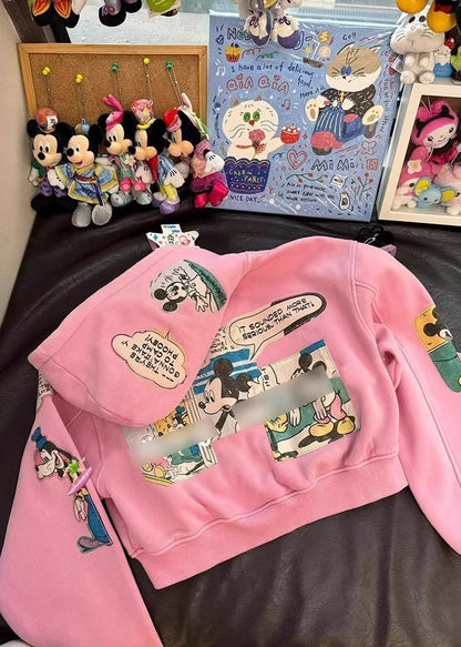 Novelty Pink Oversized Cartoon Print Cotton Hooded Jacket Fall