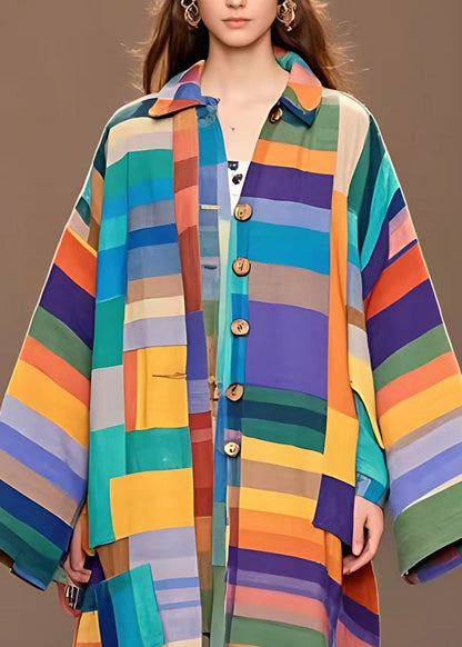 Colorblock Peter Pan Collar Plaid Woolen Long Coat Long Sleeve