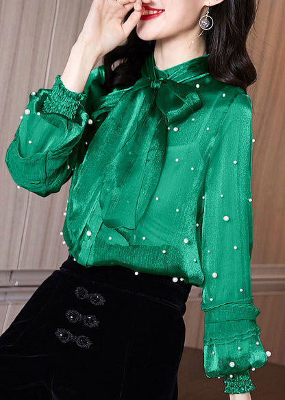 French Green Bow Nail Bead Chiffon Blouses Spring