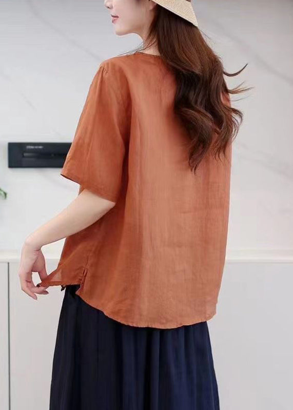 Boutique Orange O-neck Embroideried Low High Design Ramie T Shirt Summer