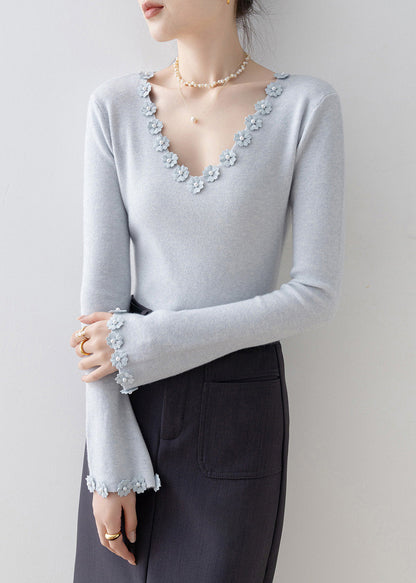 Italian Light Blue V Neck Knit Sweater Flare Sleeve