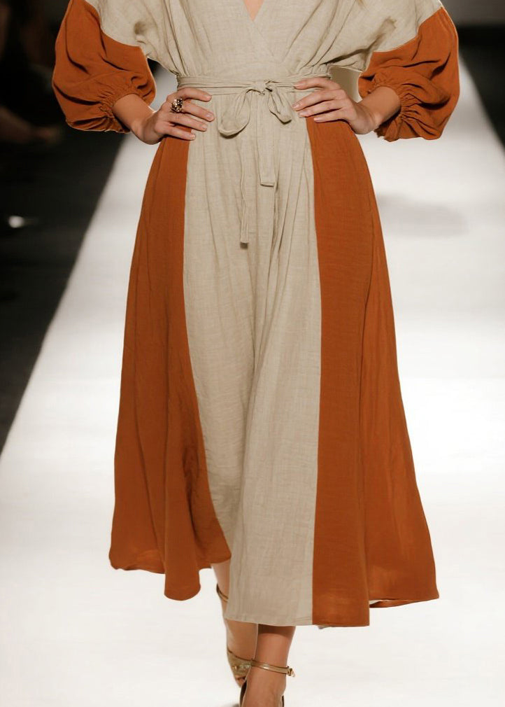 Orange Tie Waist Patchwork Linen Holiday Dress Spring