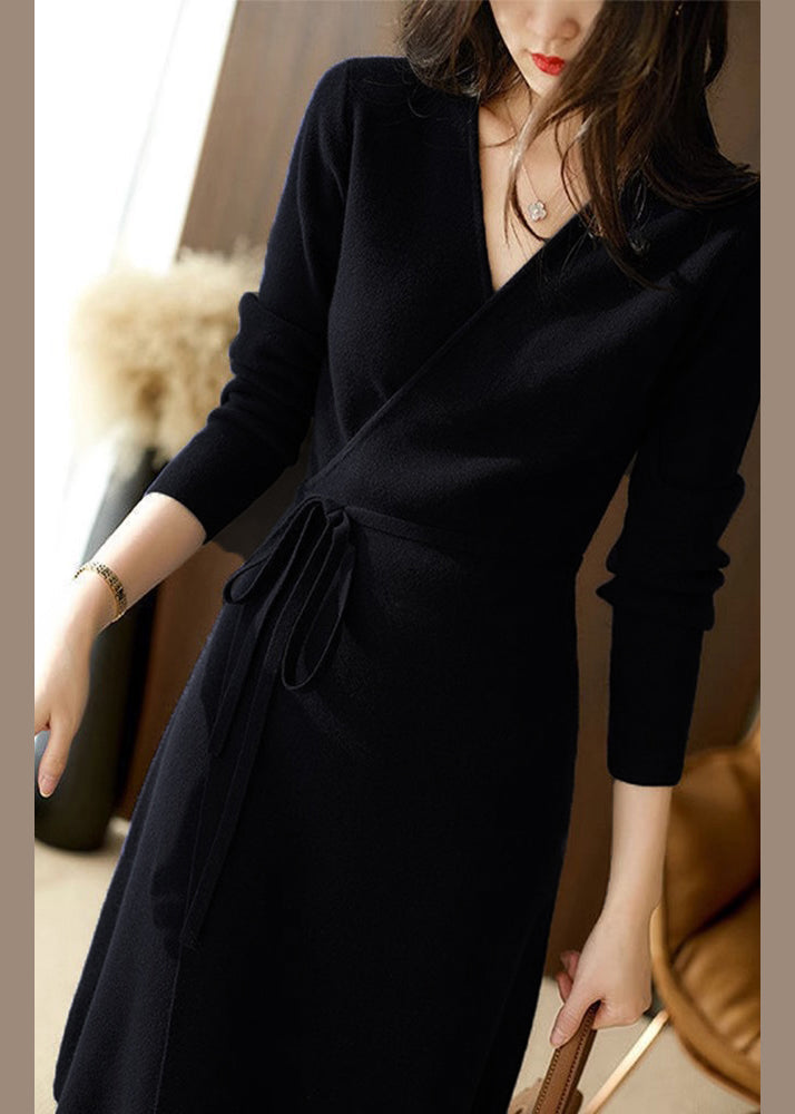 Navy V Neck Lace Up Patchwork Cotton Knit Mid Dress Fall