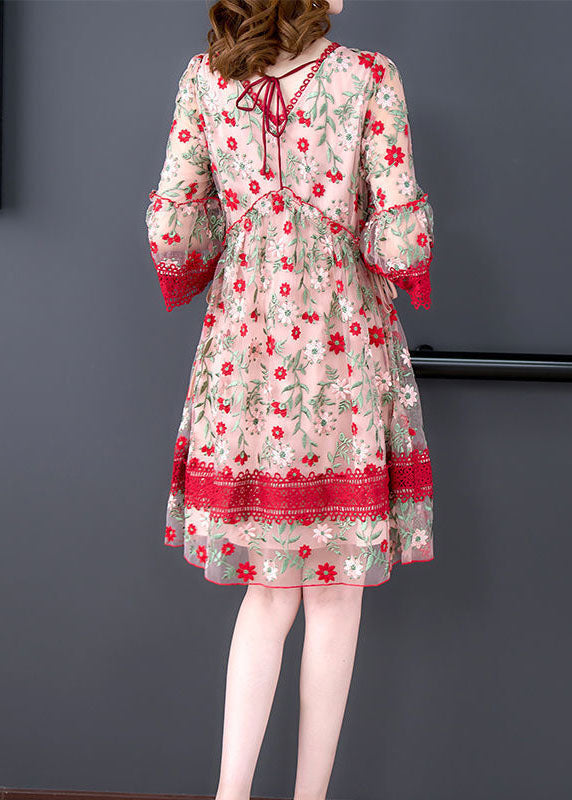 Red V Neck Embroideried Lace Patchwork Tulle Maxi Dresses Summer