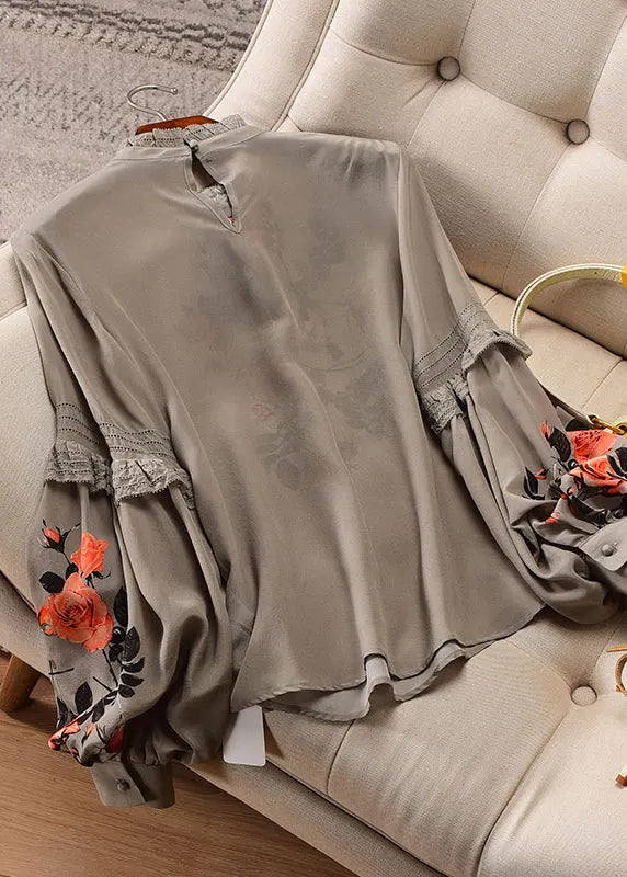 Fine Stand Collar Print Ruffles Chiffon Tops Bottoming Shirt Spring