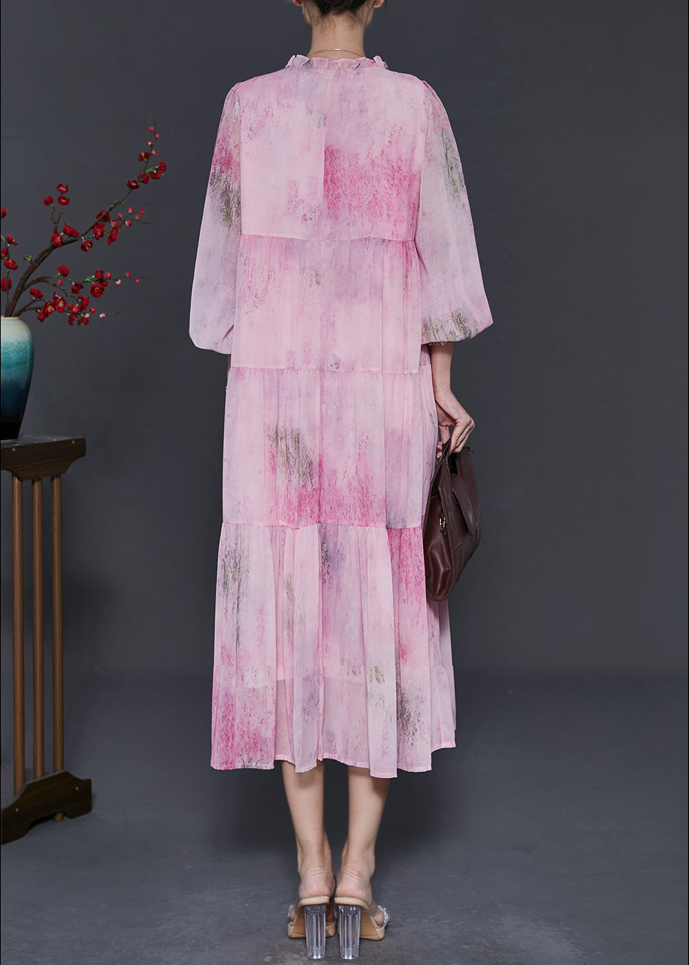 Pink Ruffled Tie Dye Chiffon Maxi Dress Fall
