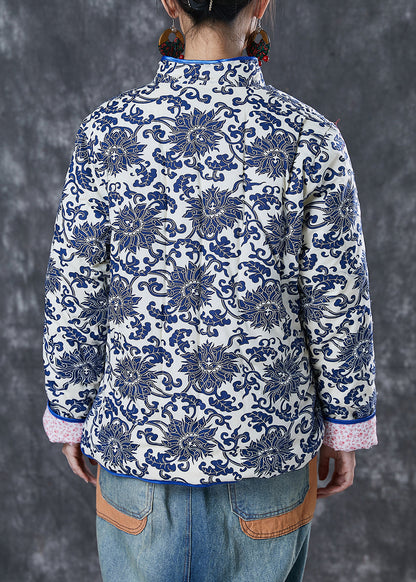 Blue Print Mandarin Collar Fine Cotton Filled Jacket Winter