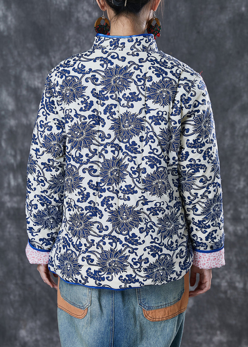 Blue Print Mandarin Collar Fine Cotton Filled Jacket Winter