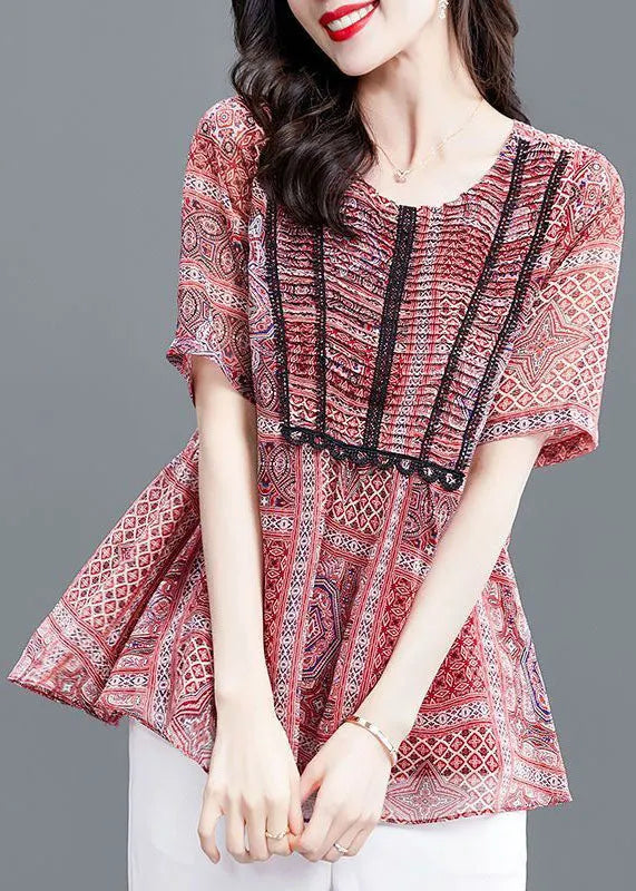 Red Print Wrinkled Chiffon Blouse Top Summer