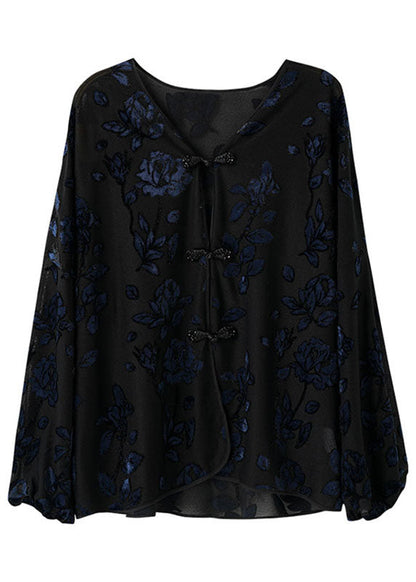 Black V Neck Embroideried Velour Shirt Fall