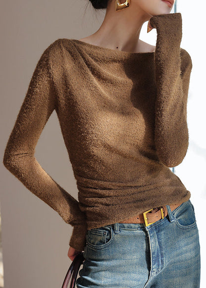 Coffee Hollow Out Knit T Shirts Long Sleeve