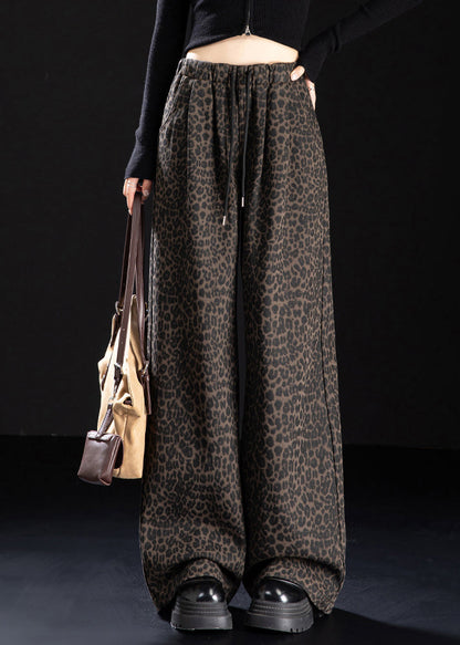 New Coffee Leopard Pockets Print Warm Fleece Denim Pants Spring