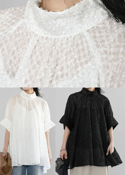 White Hollow Out Tulle a Line Tops Stand Collar Summer