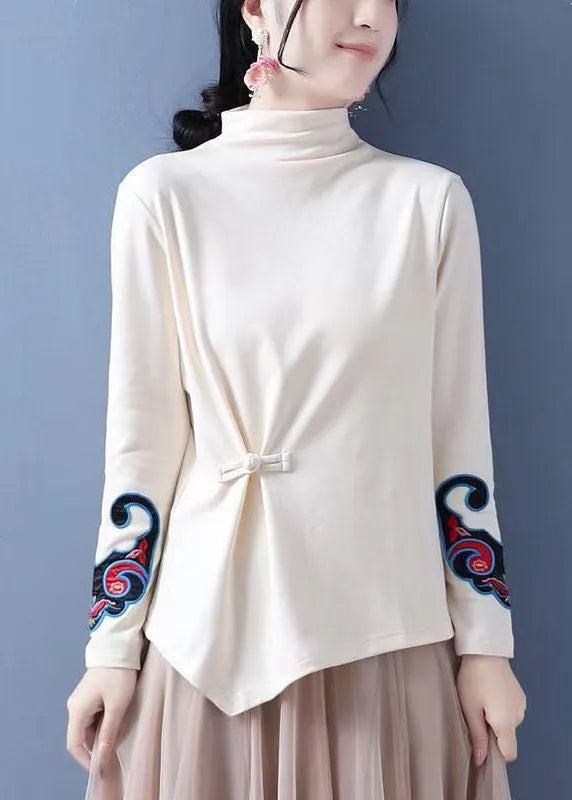 Chocolate Embroideried Ammetrical Design Chinese Button Cotton Tops Spring