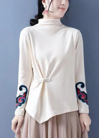 Chocolate Embroideried Ammetrical Design Chinese Button Cotton Tops Spring