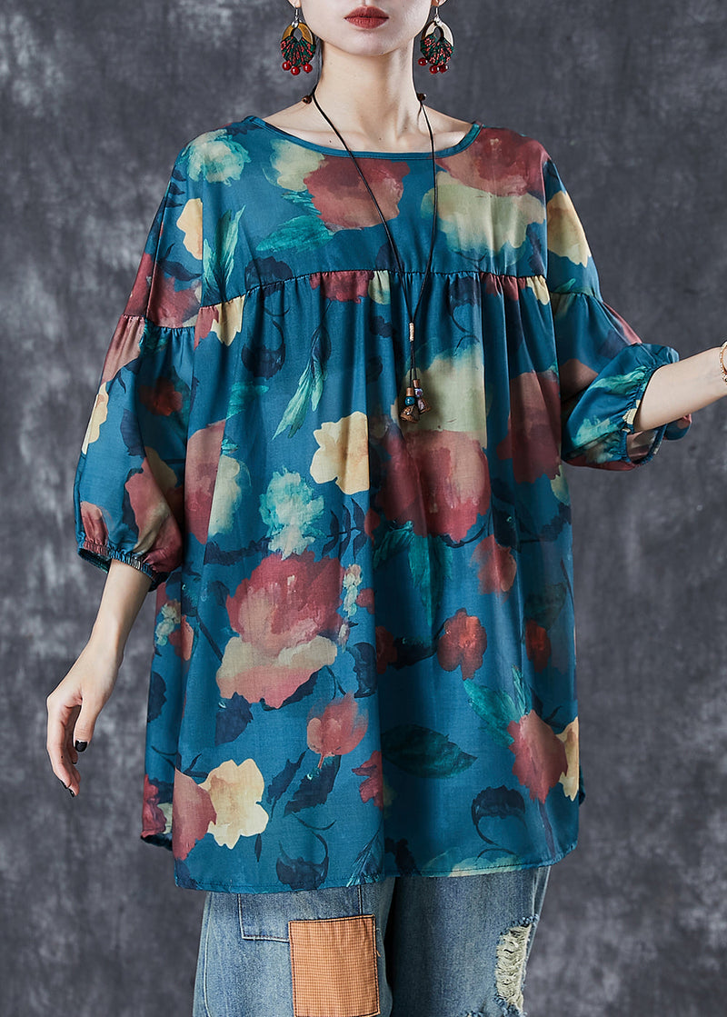 Blue Oversized Print Cotton Shirt Top Summer