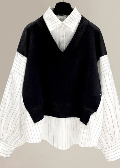 Loose Black Peter Pan Collar Patchwork Striped Button Fake Two Pieces Tops Long Sleeve