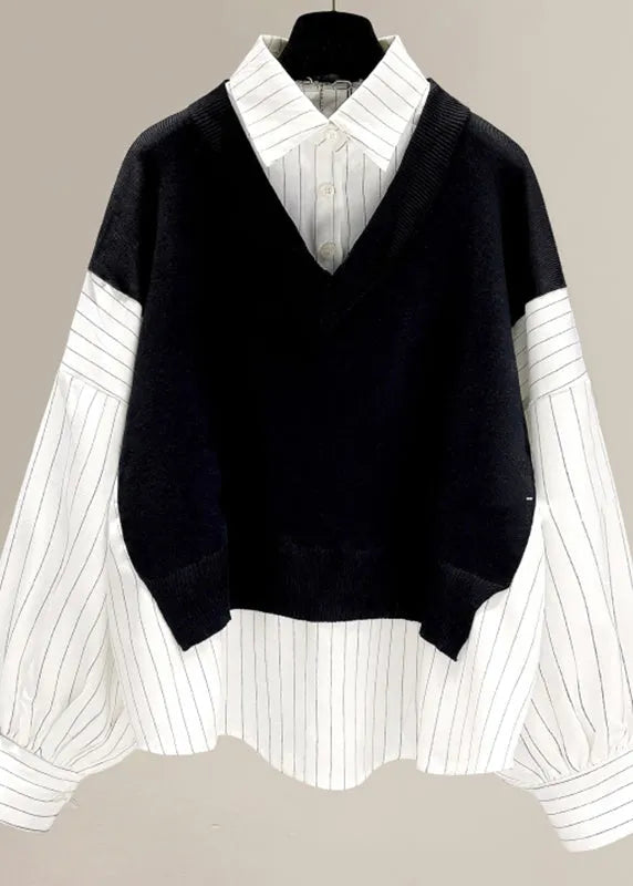 Loose Black Peter Pan Collar Patchwork Striped Button Fake Two Pieces Tops Long Sleeve