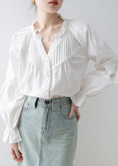 Stylish White V Neck Wrinkled Cotton Shirt Top Spring