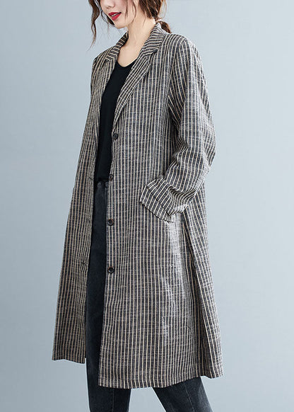 Khaki Peterpan Collar Button Pockets Striped Fall Long Sleeve Trench Coats