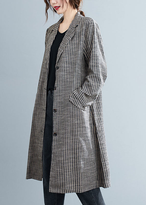 Khaki Peterpan Collar Button Pockets Striped Fall Long Sleeve Trench Coats