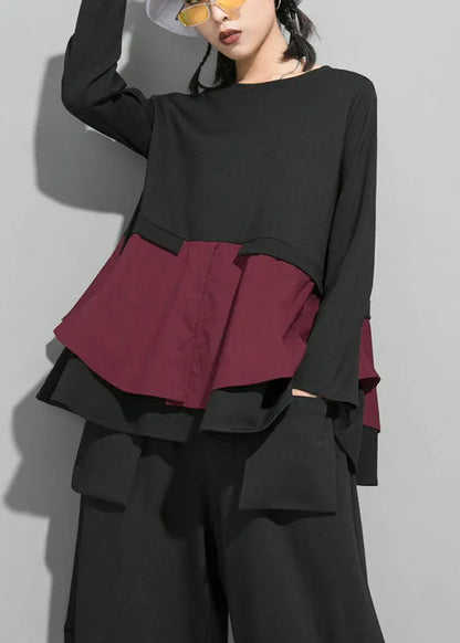 Organic Mulberry O-neck Patchwork Ruffles Fall Top Long Sleeve