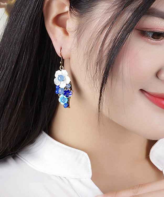 Blue White Copper Shell Flower Chalcedony Cloisonne Drop Earrings