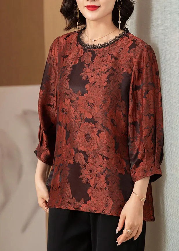 Brick Red O-neck Lace Patchwork Draping Silk Shirt Top Bracelet Sleeve