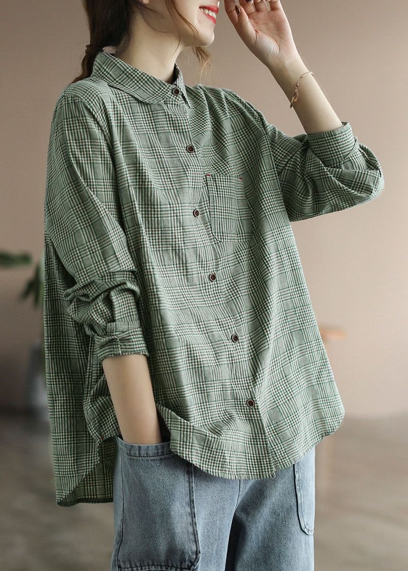 Green Button Peter Pan Collar Cotton Shirt Tops Long Sleeve