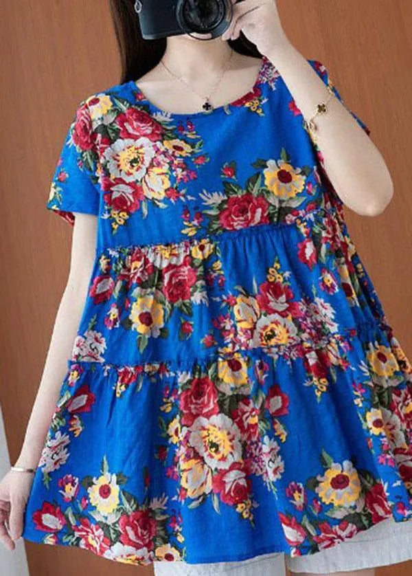 Fine Blue Print O-neck Short Sleeve Cotton Linen Top Summer