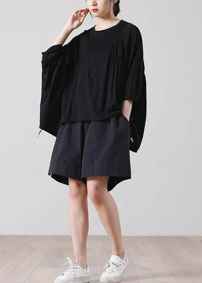 Natural Black Batwing Sleeve Cotton Summer Short Sleeve Tops