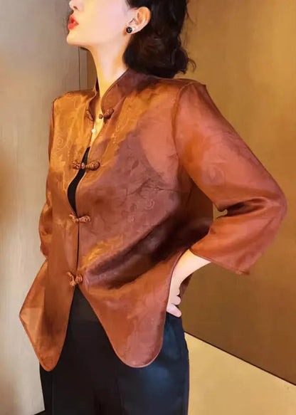 Brown Stand Collar Button Print Silk Blouses Summer