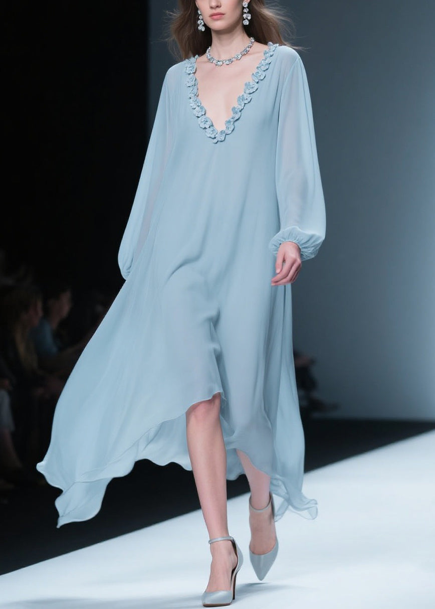 Blue V Neck Chiffon Long Dresses