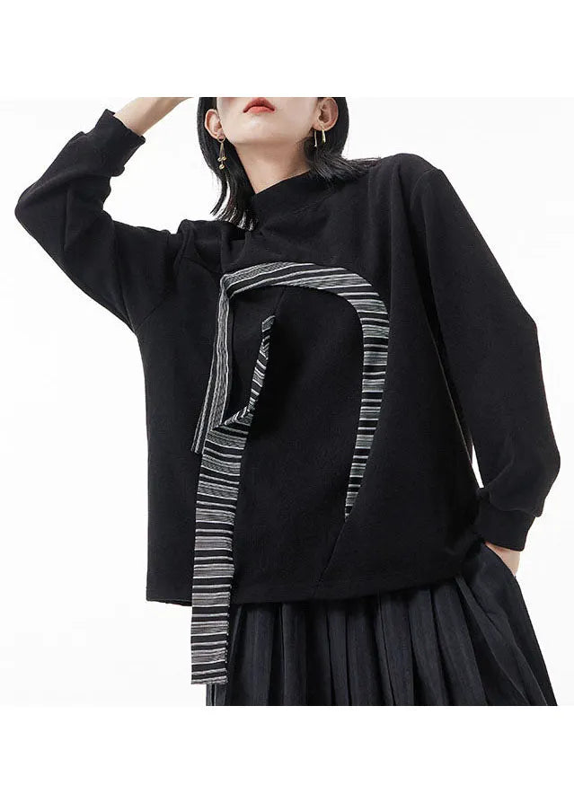 Black Stand Collar Patchwork Sweatshirts Top Spring