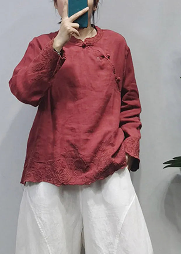 Red Stand Collar Linen Blouse Tops Long Sleeve