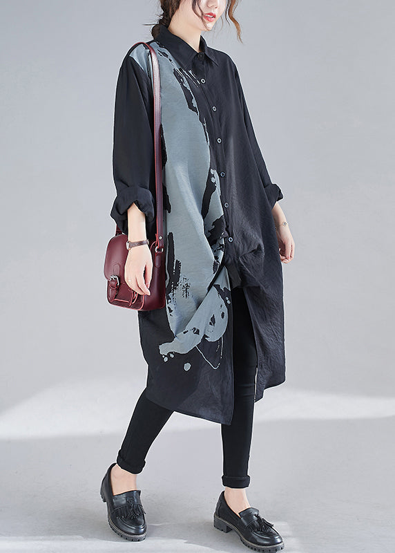 Black Peter Pan Collar Print Patchwork Cotton Shirts Dresses Fall