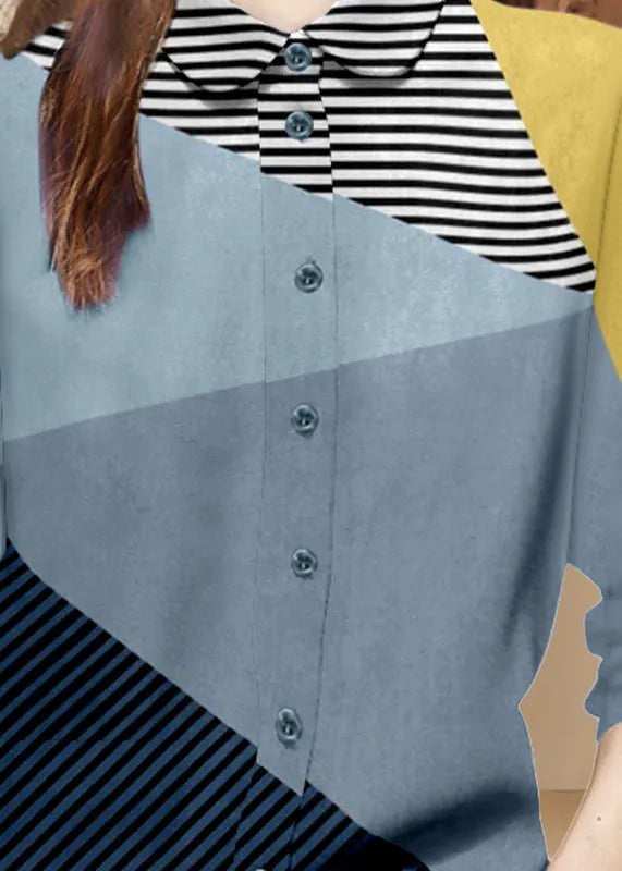 Diy Colorblock Peter Pan Collar Patchwork Striped Cotton Top Spring