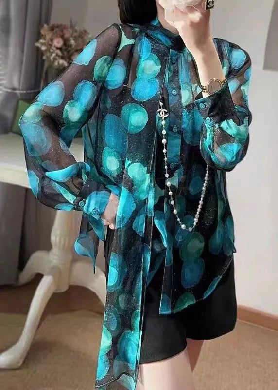 Blue Bow Print Patchwork Chiffon Blouse Tops Fall