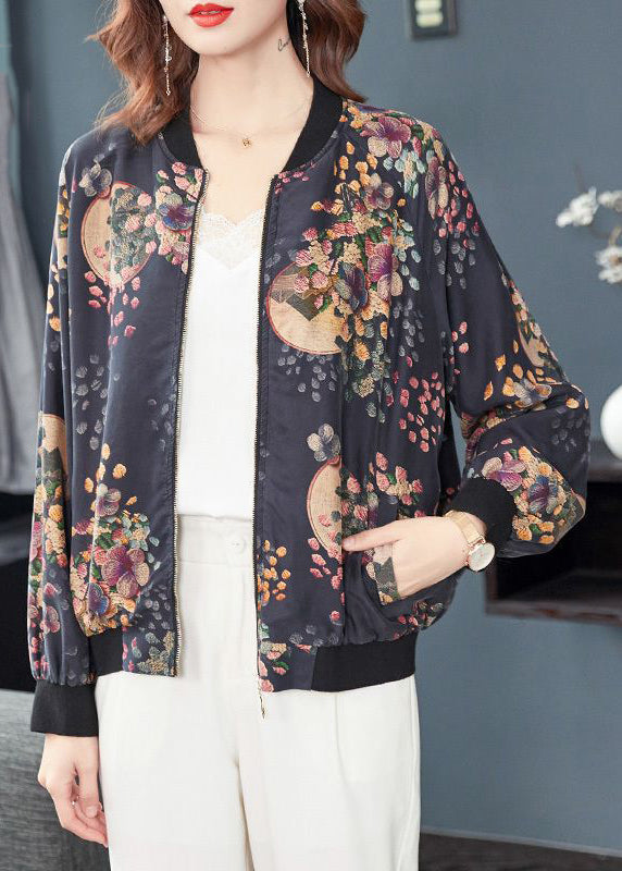 Dark Gray Zip Up Print Pockets Patchwork Silk Coats Fall
