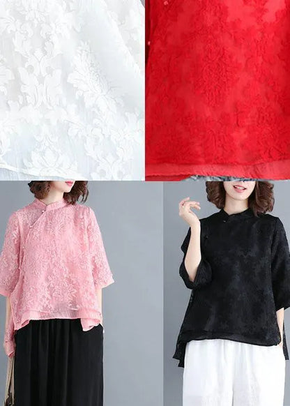 White Stand Collar Asymmetrical Design Summer Tops Three Quarter Sleeve Shirt