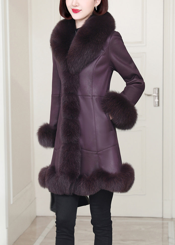 Top Quality Purple Rabbit Hair Collar Pockets Leather and Fur Coats Winter